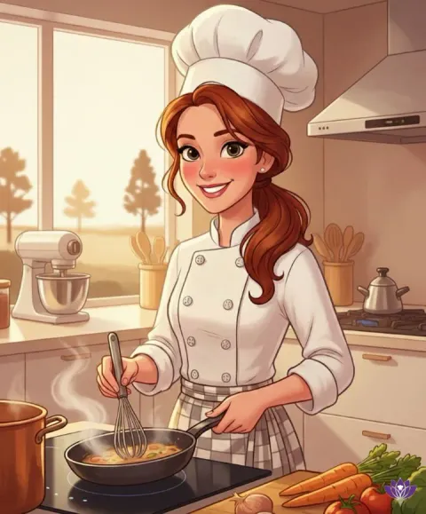 Illustration: Nastya rührt in einer Pfanne am Herd